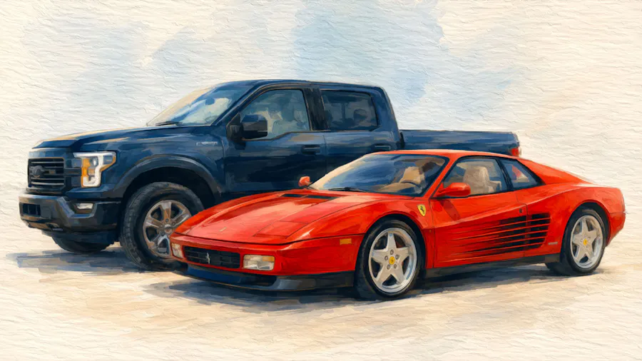 Painterly illustration of a red sports car parked in front of a blue pickup truck, symbolizing the need to match the right AI model to each workflow instead of using the most powerful model for every task.